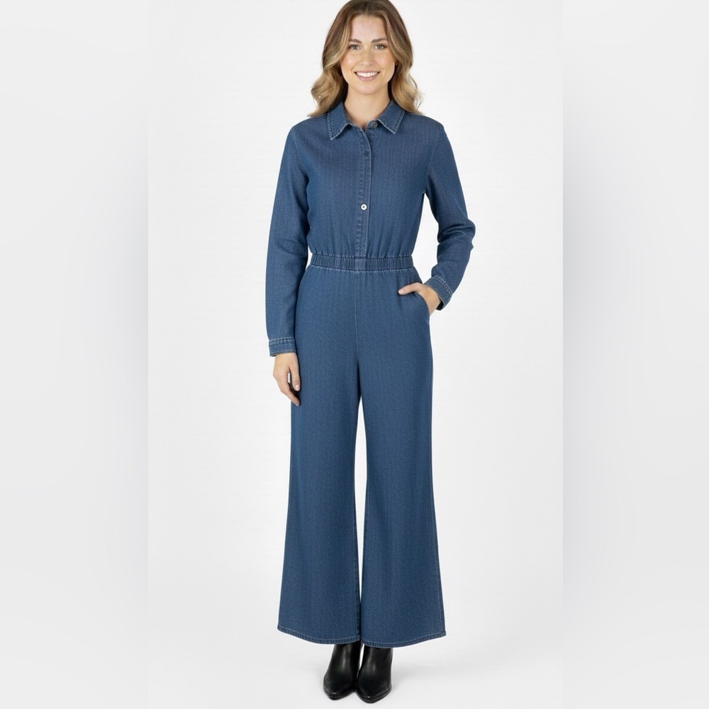 VTG 70s Denim Wide Leg Jumpsuit L Boonies Long Sleeve Button Front Pockets Retro